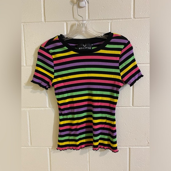 SOLD Killstar “Blair” rainbow stripe ribbed lettuce trim tee - Picture 2 of 7